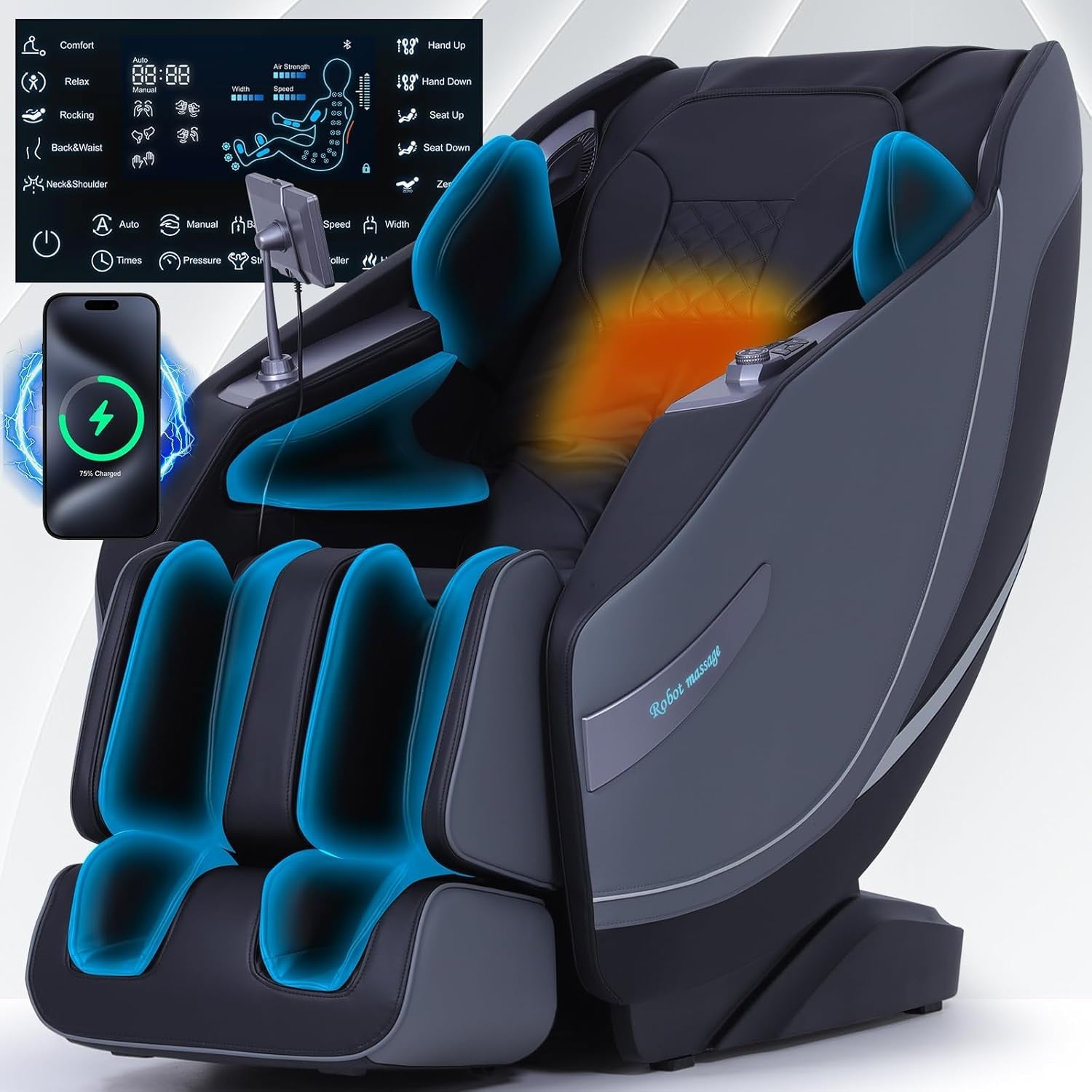 Stylish Massage Chair Full Body Zero Gravity Massage Chair Recliner SL Track 3D Shiatsu Stretch Massage with Heat Wireless Phone Charge Upgraded Calf +11Cm 12+ Modes Screen Touch Large Size Black