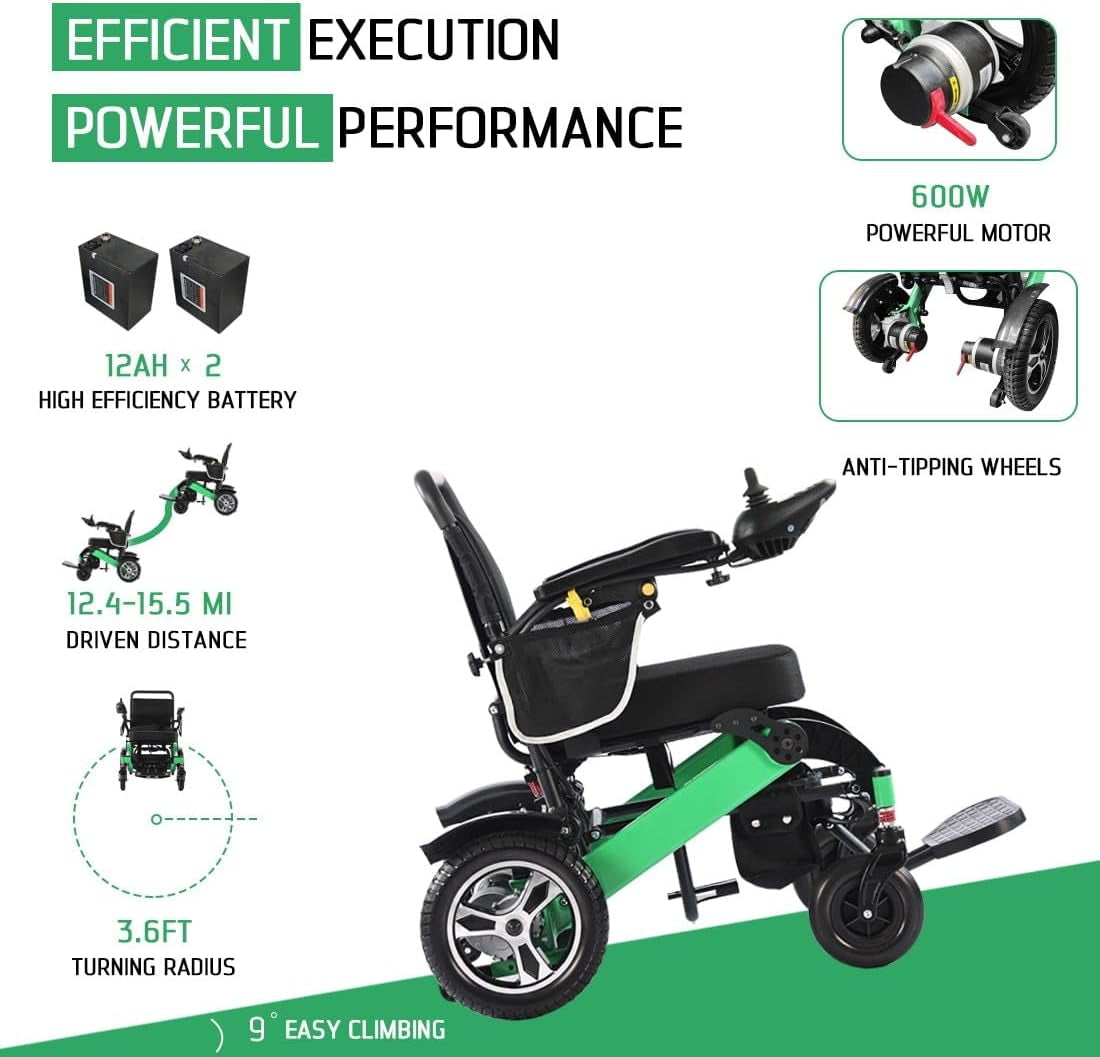 Lightweight Portable Electric Wheelchair, Adult Mobility Wheelchair, 600W Powerful Motor, 24Ah(2X12Ah) Lithium Battery, Range 12.4-15.5 Mi, Simple Controls, Easy Folding - Local Shipping in USA.