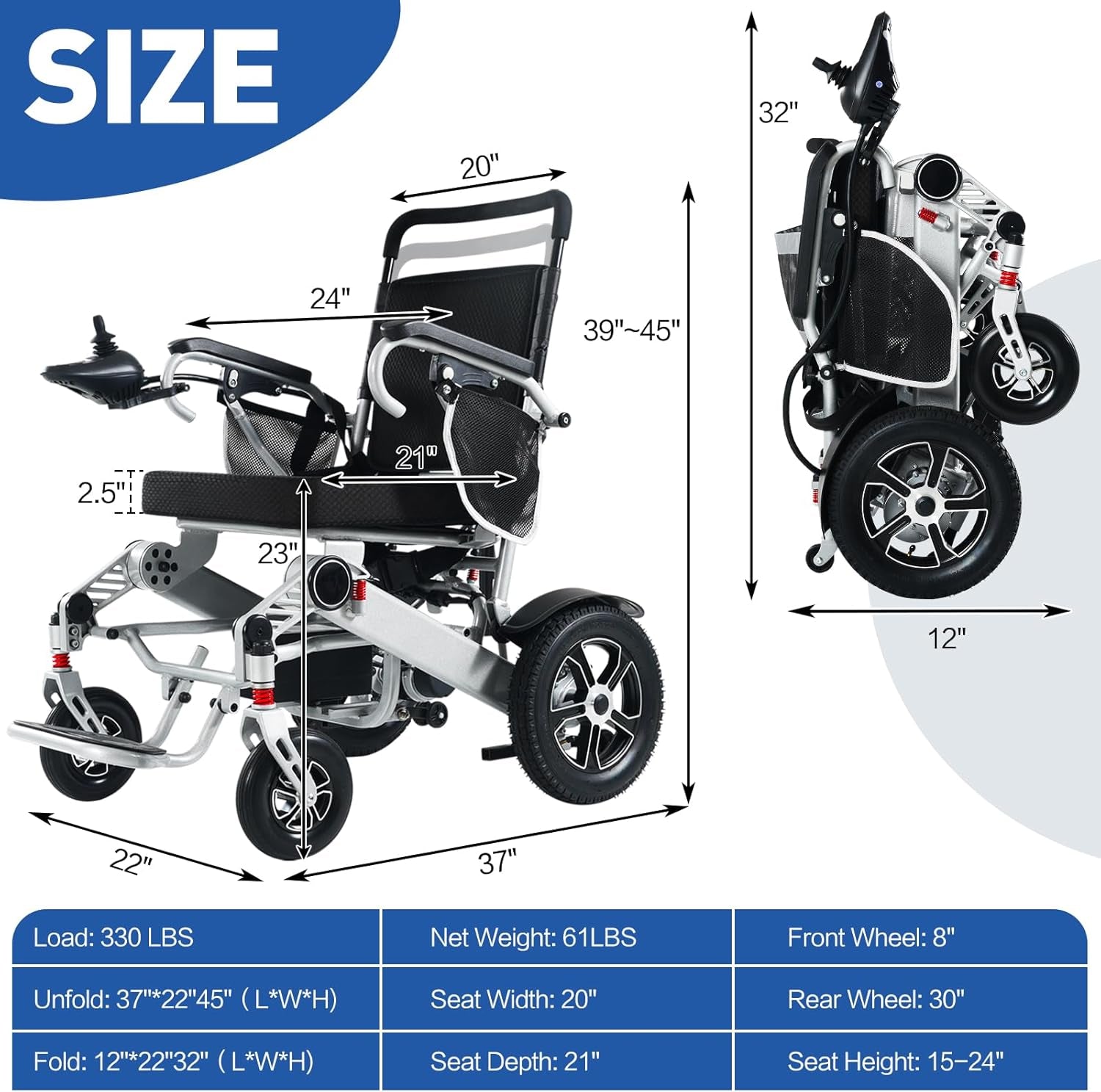 30+ Miles Long Travel Range, Electric Wheelchair for Adults Intelligent Power Wheelchairs Lightweight Foldable All Terrain Motorized Wheelchair for Seniors Compact Portable Airline Approved