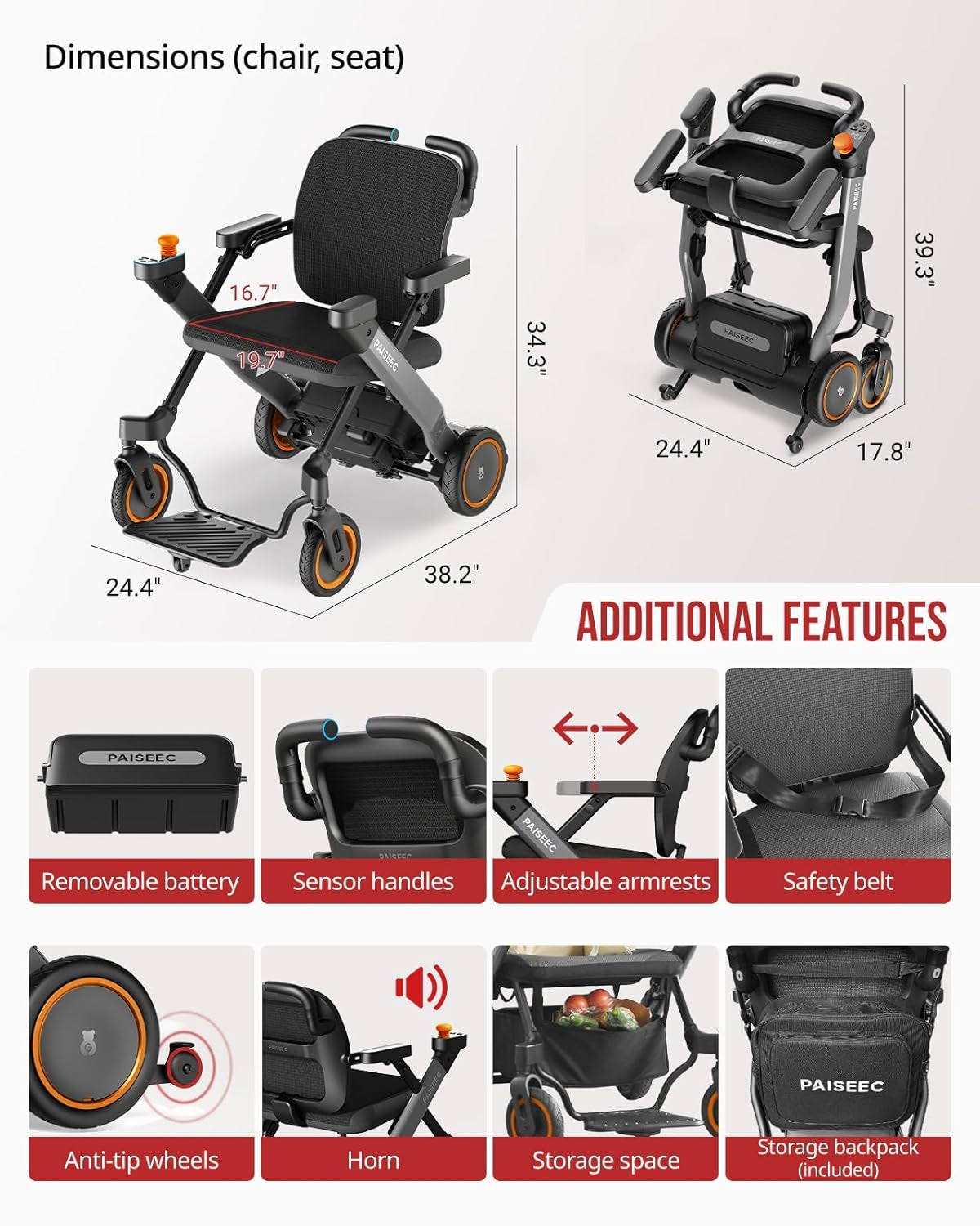 W3 Electric Wheelchair for Adults, Lightweight Foldable Motorized Power Wheelchair, Safe Design for Seniors, Push-Assist, Works as Rollator, 16 Miles Range, Airline Approved