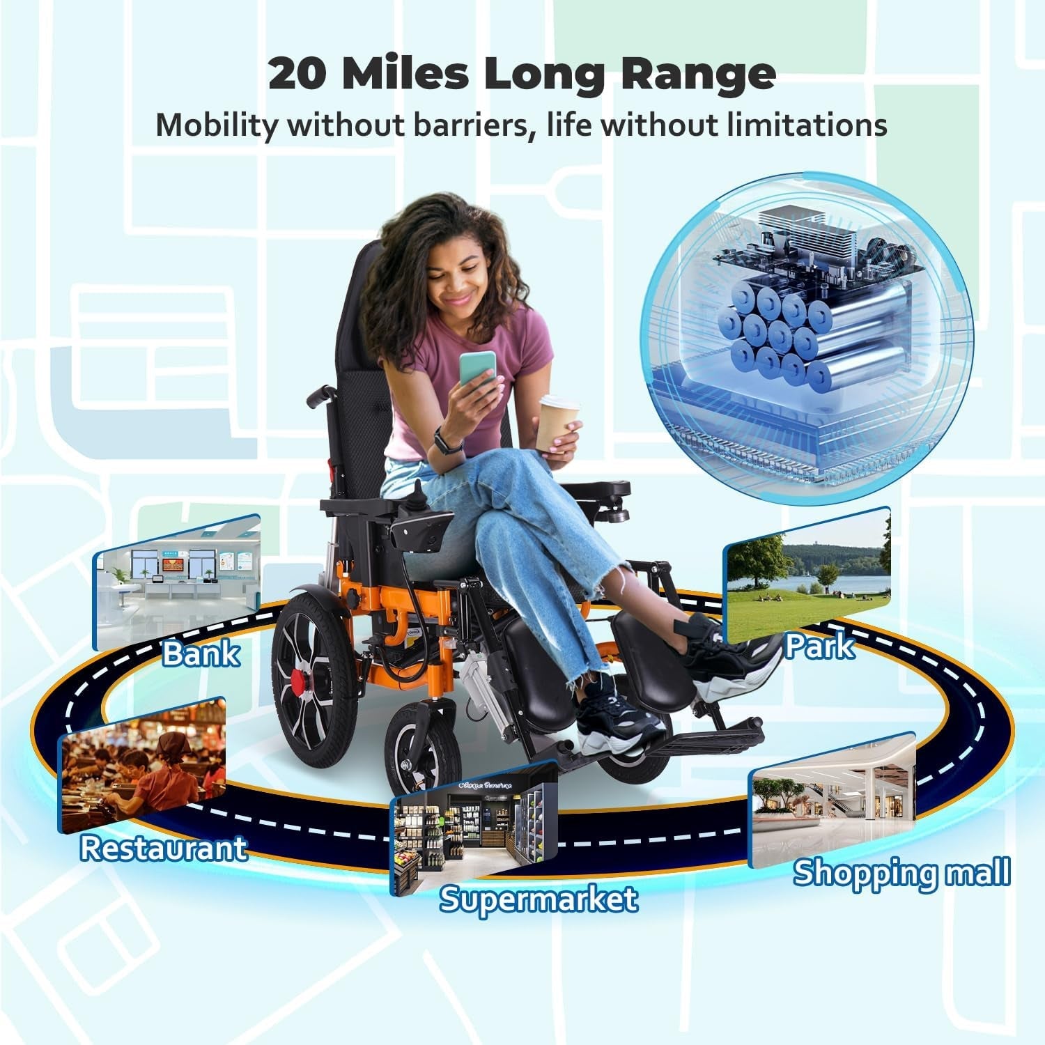 20Miles Long Travel Range,Lightweight Reclining Electric Wheelchair for Adults,All Terrain Foldable Intelligent Motorized Wheelchair,Power Reclining Wheelchair for Travel and Daily Use(Wider 21")