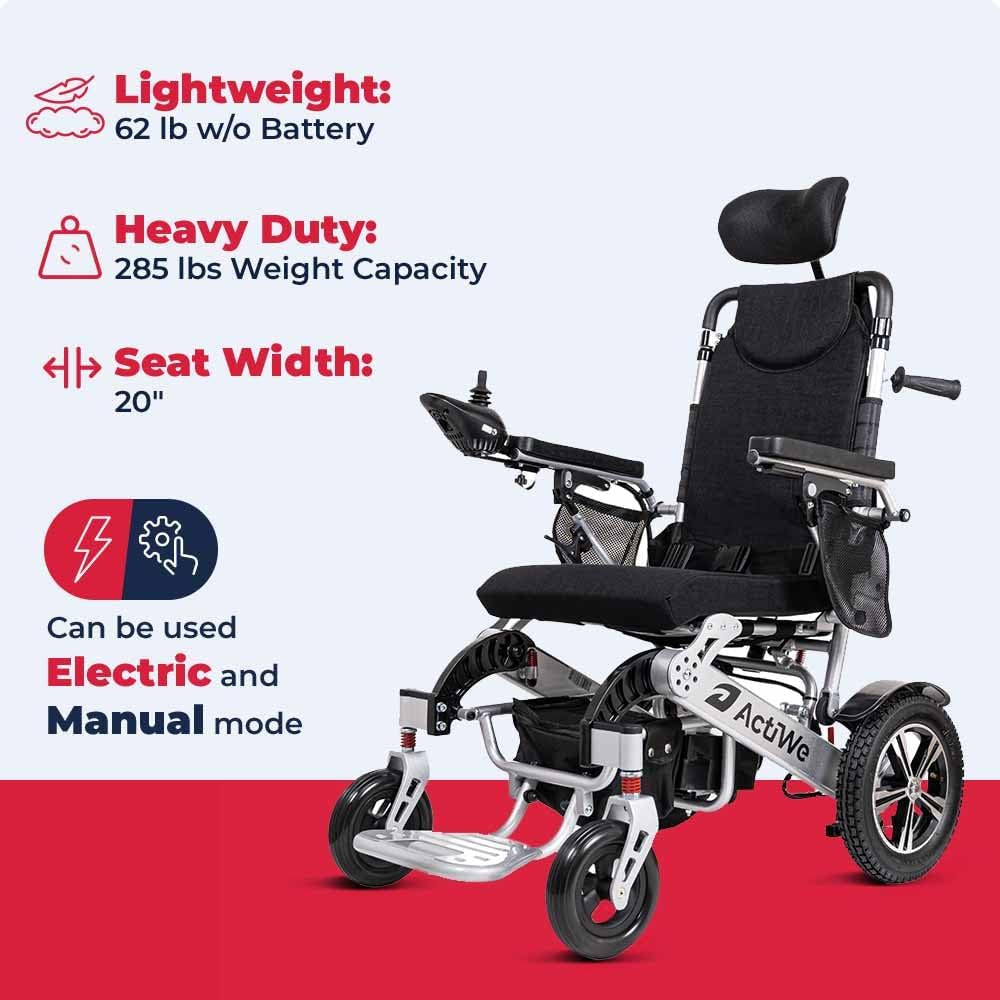 WX9000 Electric Wheelchairs for Adults Reclining Foldable Electric Wheelchair All Terrain Motorized Wheelchair for Adults Portable Folding Power Wheel Chair, Silla De Ruedas Electrica -Silver