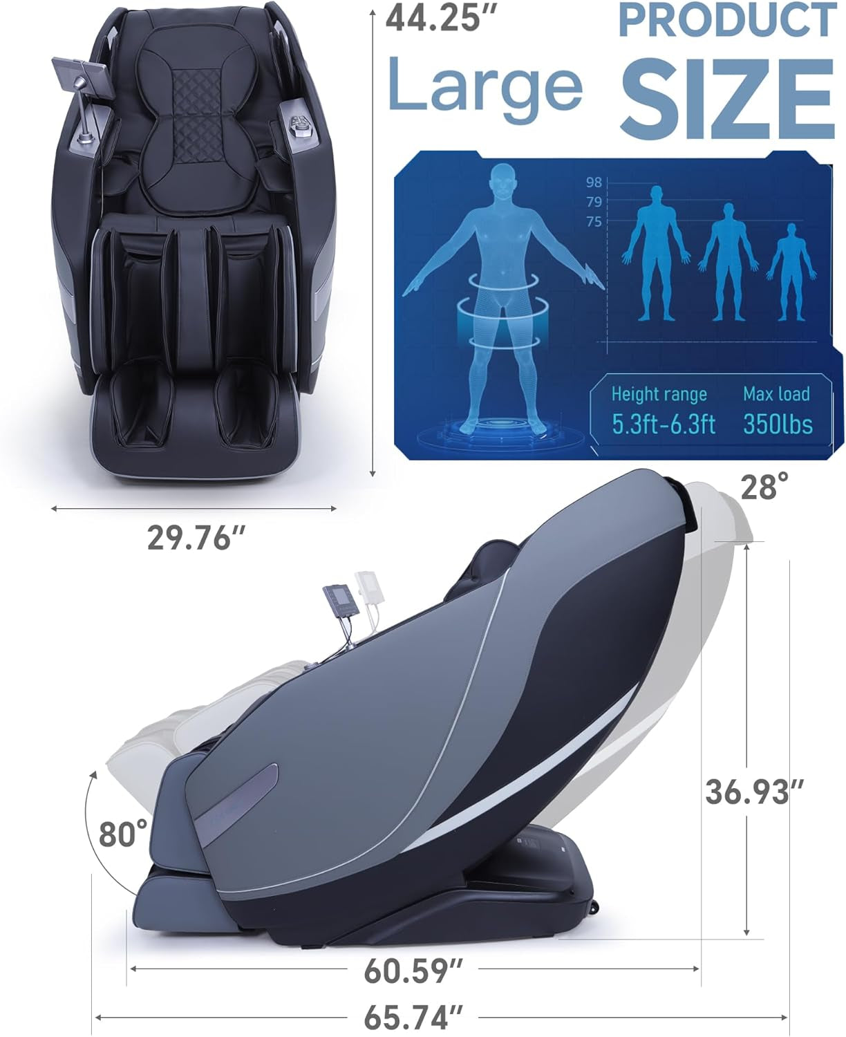 Stylish Massage Chair Full Body Zero Gravity Massage Chair Recliner SL Track 3D Shiatsu Stretch Massage with Heat Wireless Phone Charge Upgraded Calf +11Cm 12+ Modes Screen Touch Large Size Black