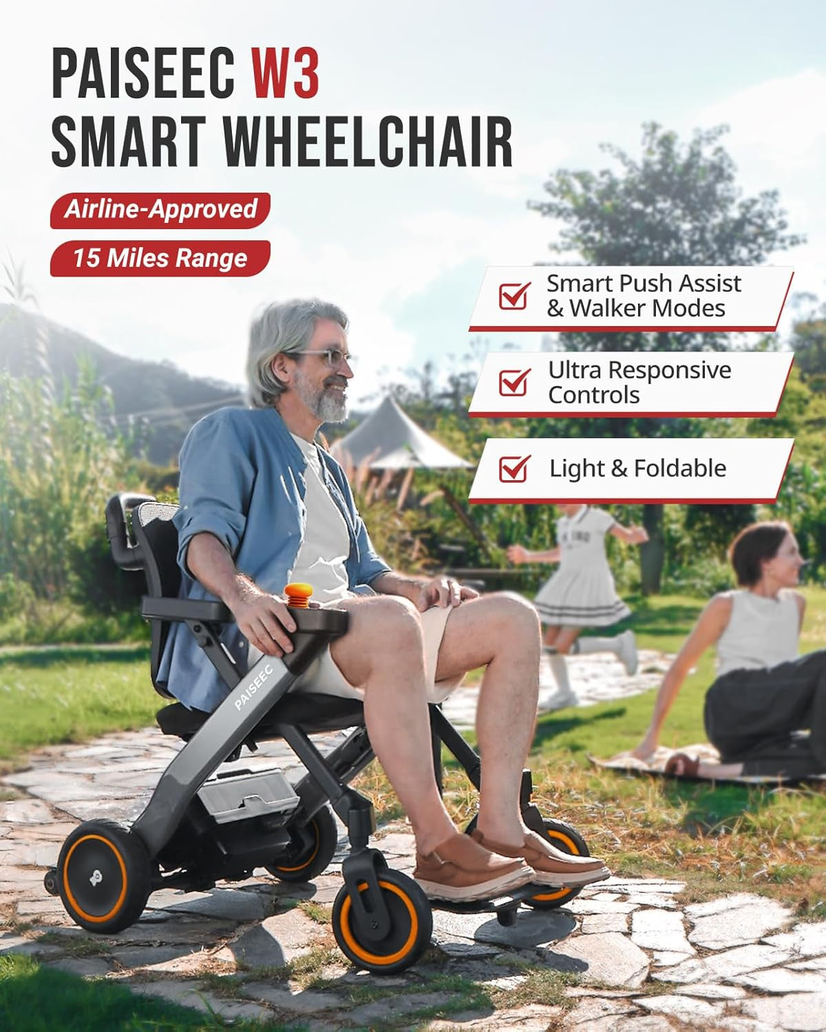 W3 Electric Wheelchair for Adults, Lightweight Foldable Motorized Power Wheelchair, Safe Design for Seniors, Push-Assist, Works as Rollator, 16 Miles Range, Airline Approved